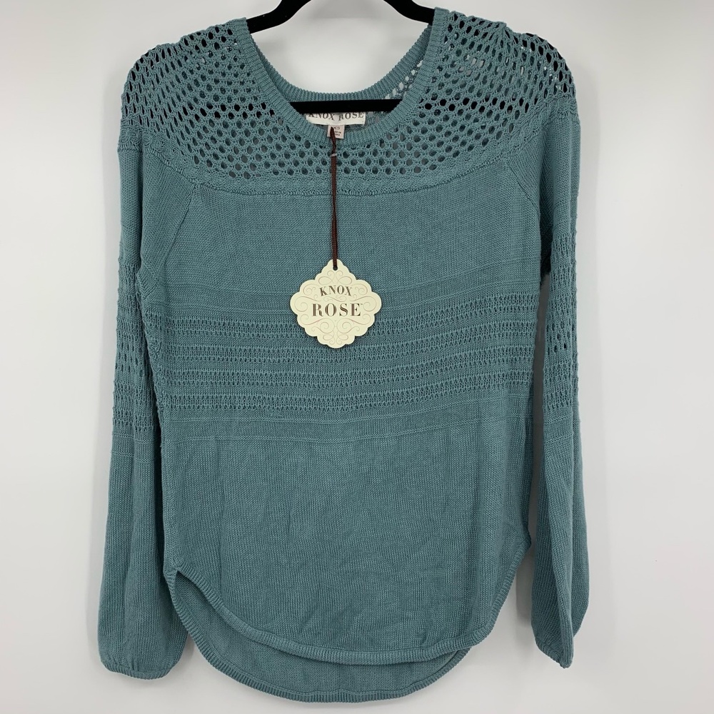 Knox Rose Womens‎ XS Pullover Sweater Open Knit Balloon Sleeves Curved Hem NEW